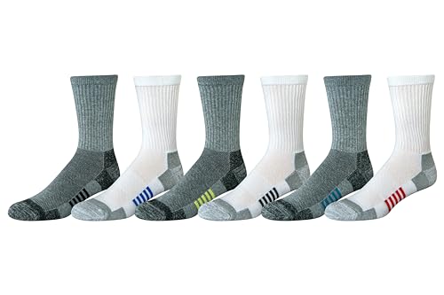 Performance Cotton Cushioned Athletic Crew Socks, 6 Pairs, White/Grey, 6-12