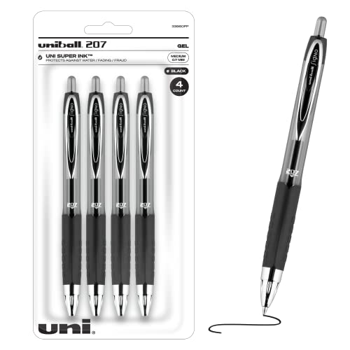 Uniball Signo 207 Gel Pen 4 Pack, 0.7mm Medium Black Pens