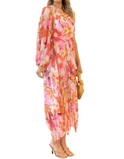 One Shoulder Maxi Dresses Pleated Floral Beach