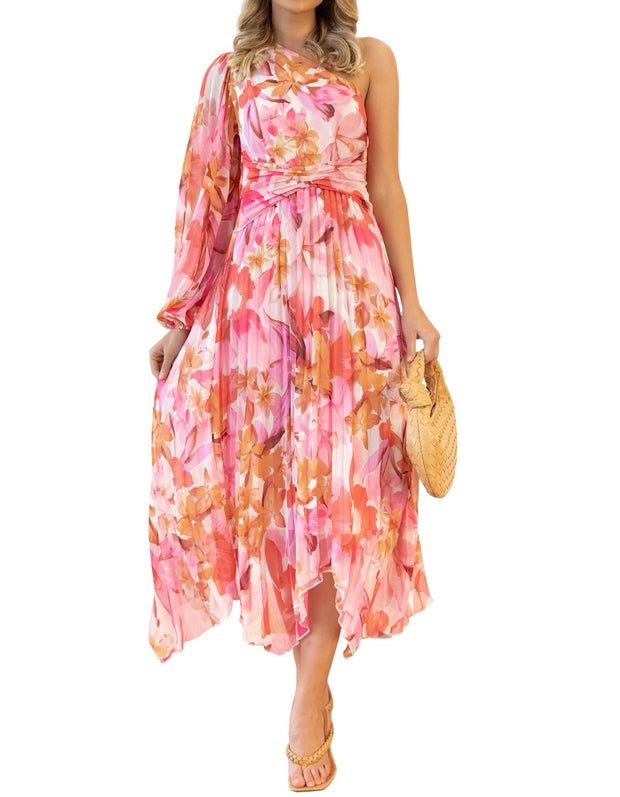 One Shoulder Maxi Dresses Pleated Floral Beach