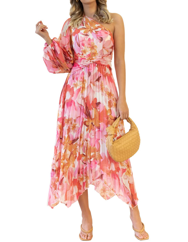 One Shoulder Maxi Dresses Pleated Floral Beach