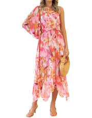 One Shoulder Maxi Dresses Pleated Floral Beach